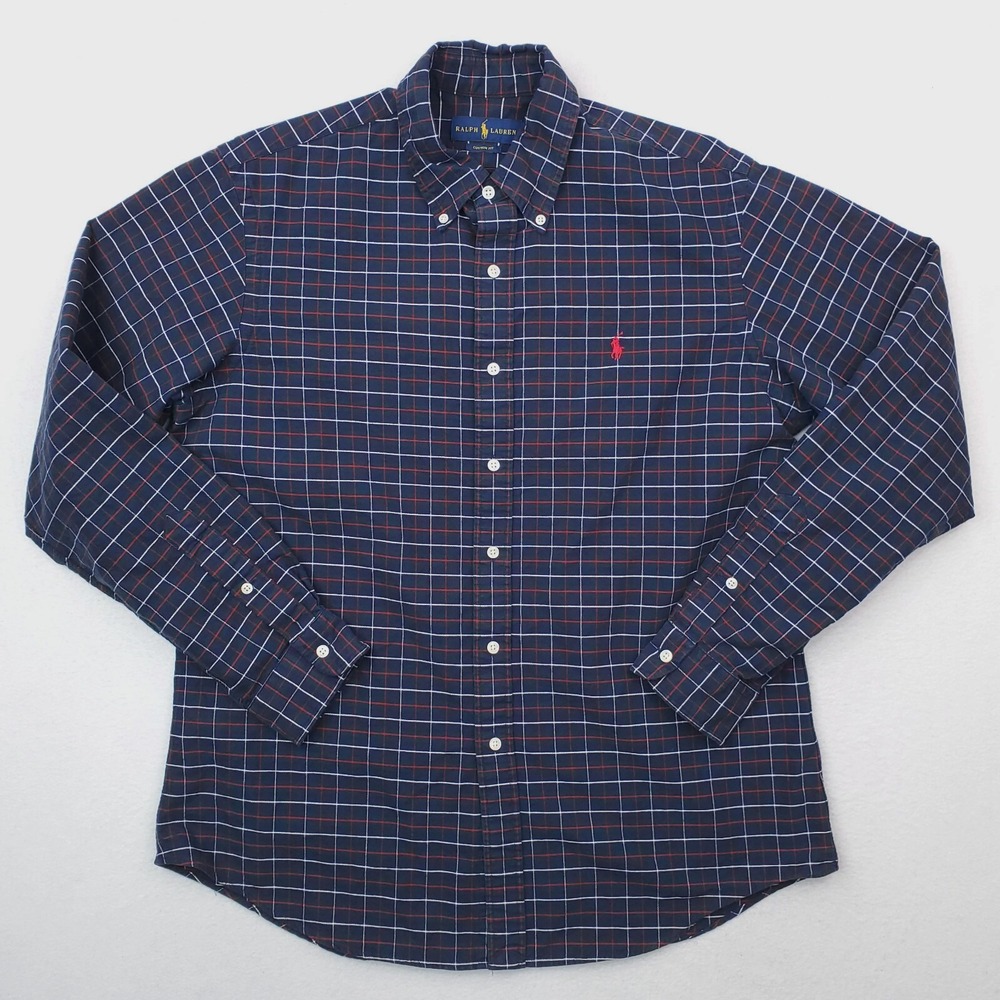 Ralph Lauren Shirt Mens Large Blue Red Plaid Small Pony Button Down Custom Fit